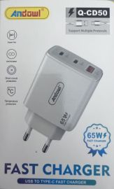 ΦΟΡΤΙΣΤΉΣ  2 ΘΎΡΕΣ TYPE-C &  USB (65W) & ΚΑΛΏΔΙΟ USB TO TYPE-C ANDOWL (Q-CD50)